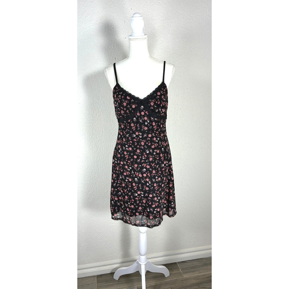 No Boundaries Womens Floral Mesh Mini Dress Black Pink Lace Trim Size L 11-13